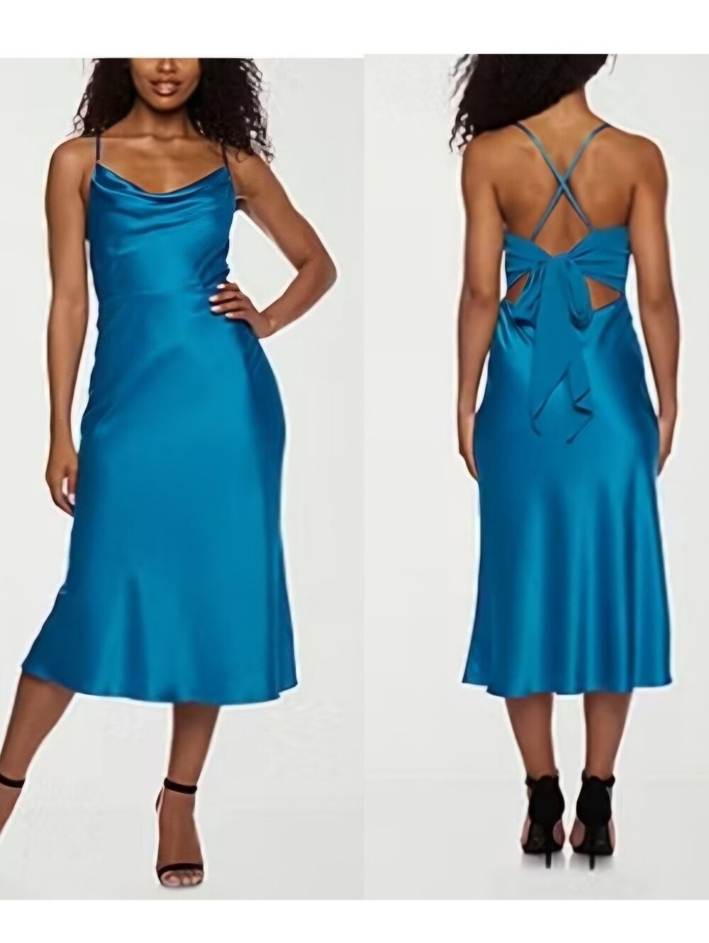B. Smart Teal Satin Cowl-Neck Midi Dress with Back Tie
